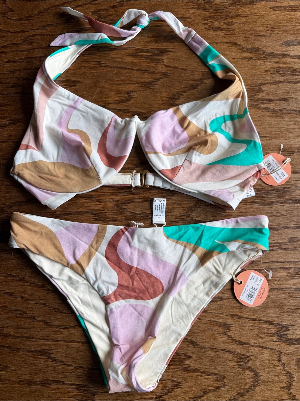 Abstract Wave Print DDD Halter Bikini Top and Bottom - Pink, Teal, Tan